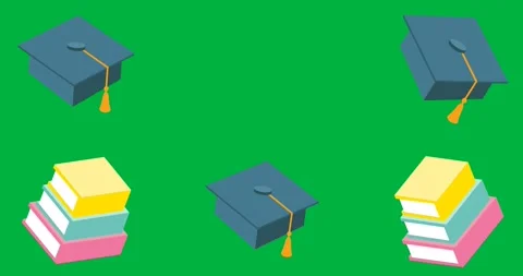 Digital animation of multiple stack of books and graduation cap icons against Stock Footage 325420717