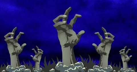Digital animation of multiple zombie hands against blue smoke effect on black Stock Footage 328232071