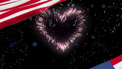 Digital animation of national flag waving with heart shape fireworks in night Stock Footage 340942272