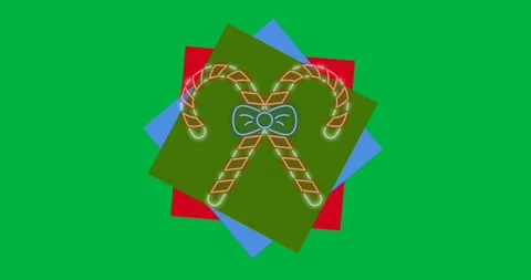 Digital animation of neon candy cane icon over colorful square banner against Stock Footage 318702044