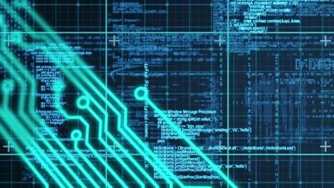 Digital animation of neon microprocessor connections grid network on blue Vídeo Stock 330107293