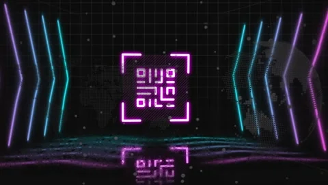 Digital animation of neon qr code against airport data processing on black Stock Footage 326759844