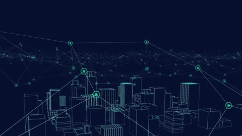 Digital animation of network of connections against 3d city model spinning on 스톡 동영상 144801944