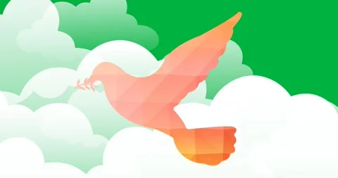 Digital animation of orange dove bird icon flying against clouds icons on black Video stock 325645784
