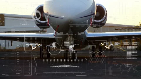 Digital animation overlay showing data on aircraft parked on tarmac Video stock 304644289