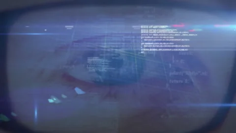 Digital animation overlaying code and data on close-up of human eye 스톡 동영상 305070223