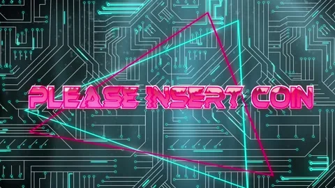 Digital animation of please insert coin text over neon triangles against Stockbeeldmateriaal 157903753