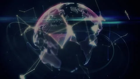 Digital animation of plexus network over spinning globe against black background Stock Footage 329107906