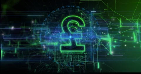 Digital animation of pound currency symbol with futuristic technology elements Stock Footage 303536636
