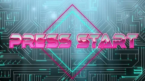 Digital animation of press start text over neon squares against microprocessor Stockbeeldmateriaal 157903815