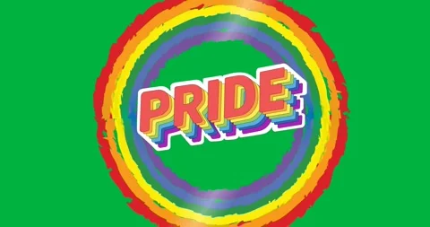 Digital animation of pride text banner over a rainbow circle against black Stock Footage 318862398