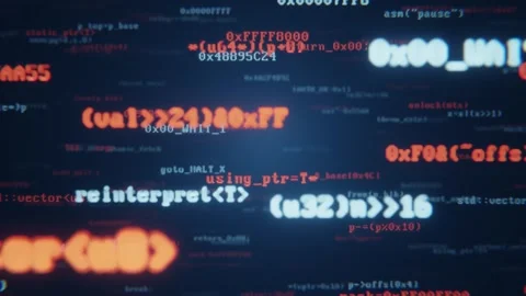 Digital animation of programming code scrolling on a screen, representing Stock Footage 347388770