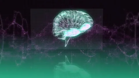Digital animation of purple digital waves over human brain spinning against Видео 327059634