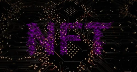 Digital animation of purple nft text banner over microprocessor connections on Stockbeeldmateriaal 329417743
