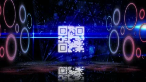 Digital animation of qr code and glowing circles over rows of changing numbers Stock Footage 157910357