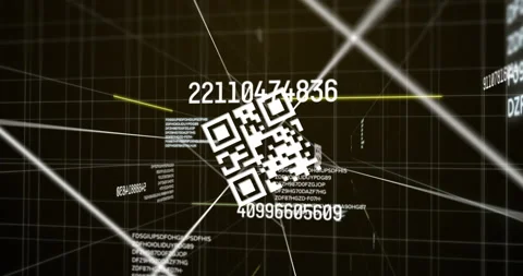Digital animation of qr code scanner and changing numbers over grid network Stock Footage 146564589