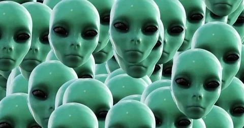 Digital animation of a quantity of appearing alien heads Stock Footage 70228835