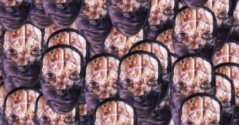 Digital animation of a quantity of appearing alien heads Stock Footage 70230696