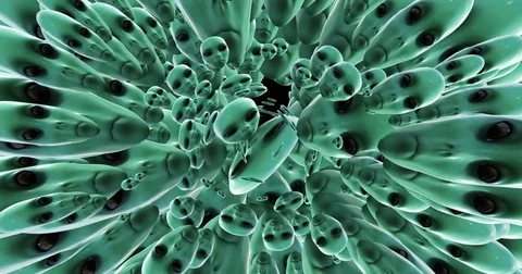 Digital animation of a quantity of appearing alien heads Stock Footage 70404489