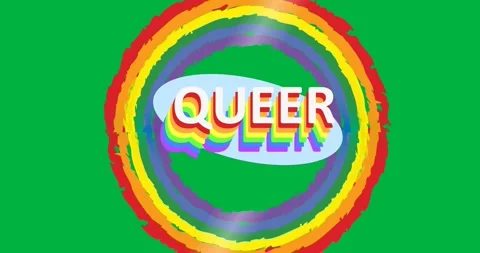 Digital animation of queer text banner over a rainbow circle against black Stock Footage 318862394
