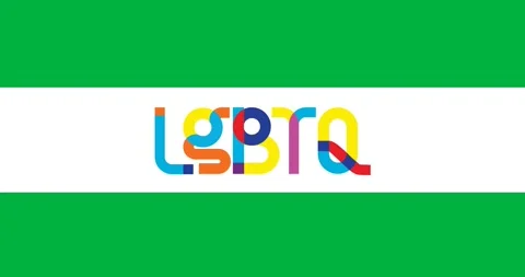 Digital animation of rainbow lgbtq text banner over a white stripe against black Stock Footage 318862407