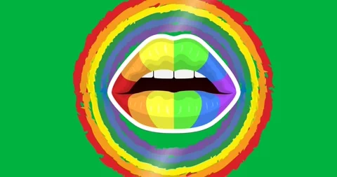 Digital animation of rainbow lips icon over a rainbow circle against black Stock Footage 318862409