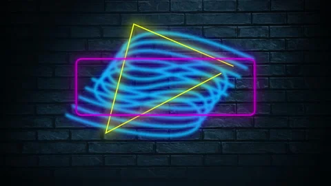 Digital animation of rectangle and triangle neon shapes over wavy lines against Stock Footage 142198848