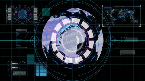Digital animation of rotating globe with data visualizations in futuristic Stock Footage 304011615
