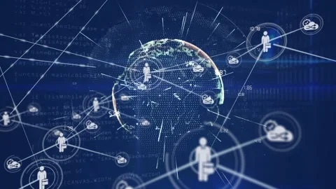 A digital animation of a rotating globe hologram with interface codes running in Stock Footage 327587004