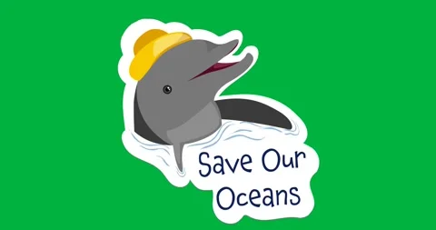 Digital animation of save our oceans text banner with dolphin icon against black Video stock 318942095
