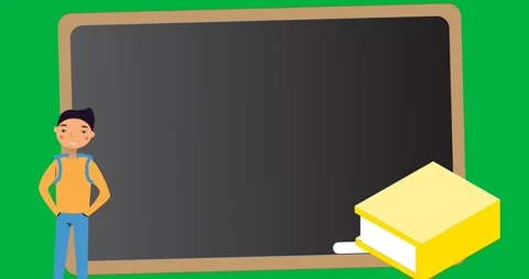 Digital animation of school boy and notebook icons against wooden slate on black Stock Footage 325566054