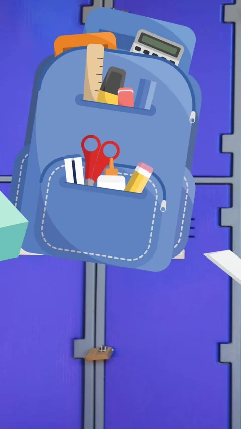 Digital animation of school concept icons floating against school lockers in Stock Footage 319973938