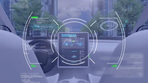 Digital animation of scope scanning against futuristic car self driving across 库存影片 146564510