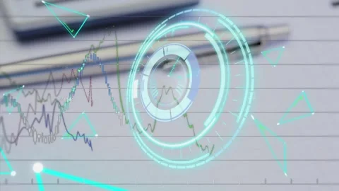 Digital animation of shapes and stats represents global market concepts. Stock Footage 329289246