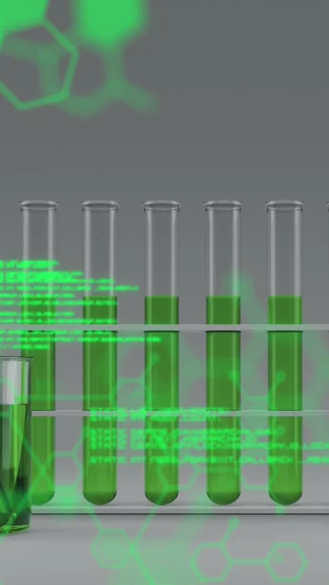 Digital animation showcases chemical structures and data with lab imagery. Stock Footage 343079417