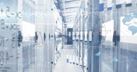 Digital animation showcases data processing, math problems, and server room Stock Footage 326038481
