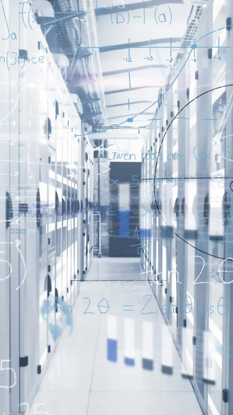 Digital animation showcases data processing, math problems, and server room Stock Footage 344774553