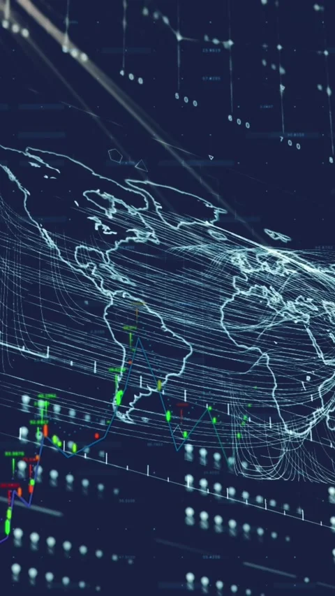 Digital animation showcases global data analysis on a blue dashboard. Stock Footage 344011934