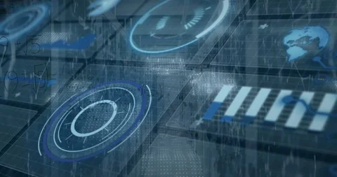Digital animation showcases global tech and data processing on a grid. Stock Footage 330590983