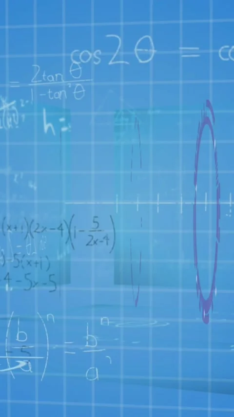 Digital animation showcases math equations on screens over a grid, symbolizing Stock Footage 344765718