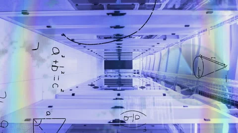 Digital animation showcases math problems and data processing on a world map. Video stock 312965889