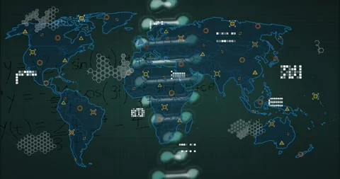 Digital animation showcases math problems, global networks, and data processing Stock Footage 328311611