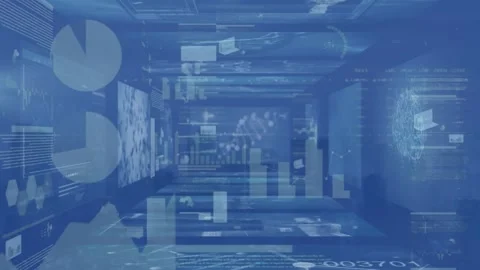 Digital animation showcases retail tech and data processing on a beach backdrop. Stock Footage 326407399