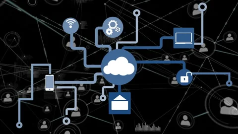 Digital animation showing cloud computing with connected devices and data icons Stock Footage 304806437