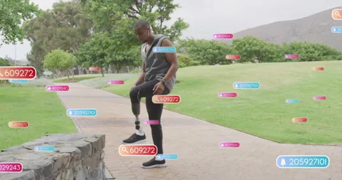 Digital animation shows an amputee exercising with social media notifications. Stock Footage 310978015