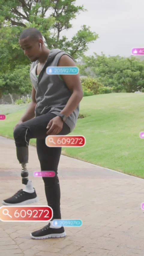 Digital animation shows an amputee exercising with social media notifications. Stock Footage 321440899