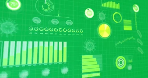 Digital animation shows COVID-19 stats and data processing on a blue background. Stock Footage 325366470