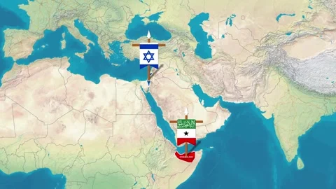 Digital animation shows flags representing Israel and Somaliland on a world map Video stock 345900301