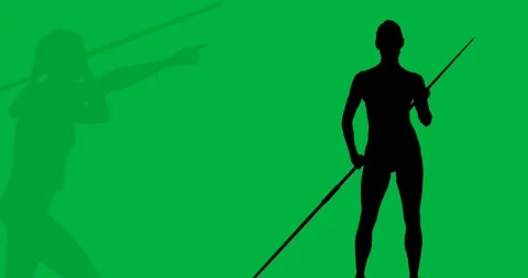 Digital animation of silhouette of multiple javelin throw poses against white Stock Footage 325565922