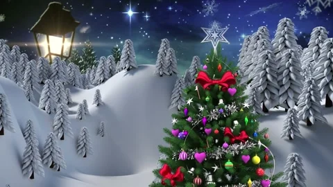 A digital animation of snow falling on a cute village in a forest Stock Footage 328601005